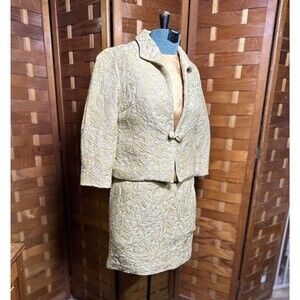 Vintage Womens Brocade 3-Piece Skirt Suit Size XS/S Gold Jacquard